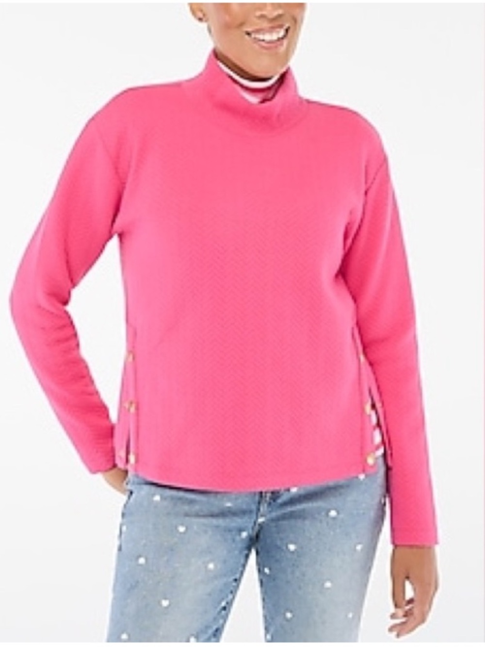 J. Crew Factory Herringbone mockneck sweatshirt snap in soft fuchsia pink Size M